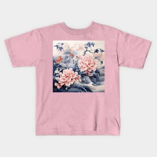 Pink and Blue Chinoiserie Style Peonies Kids T-Shirt